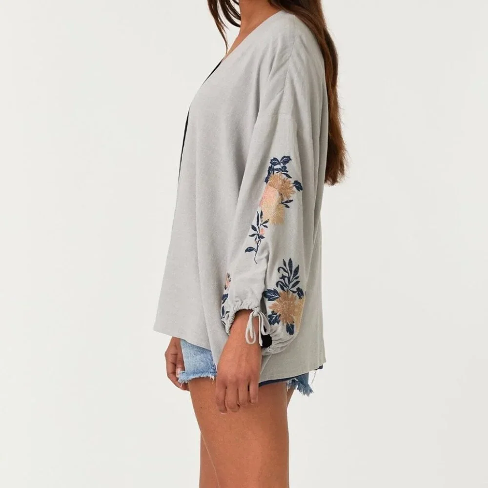 Lovestitch Linen Carmel Kimono Top Embroidered Flowy Navy Grey Cardigan Cover Up - Picture 7 of 7